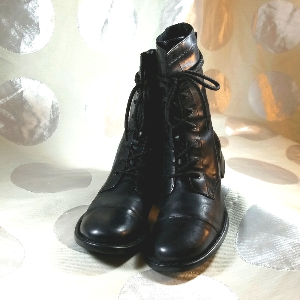 Born Black Leather Lace Up Mid Calf Combat Moto Style Boots VG- US 9.5